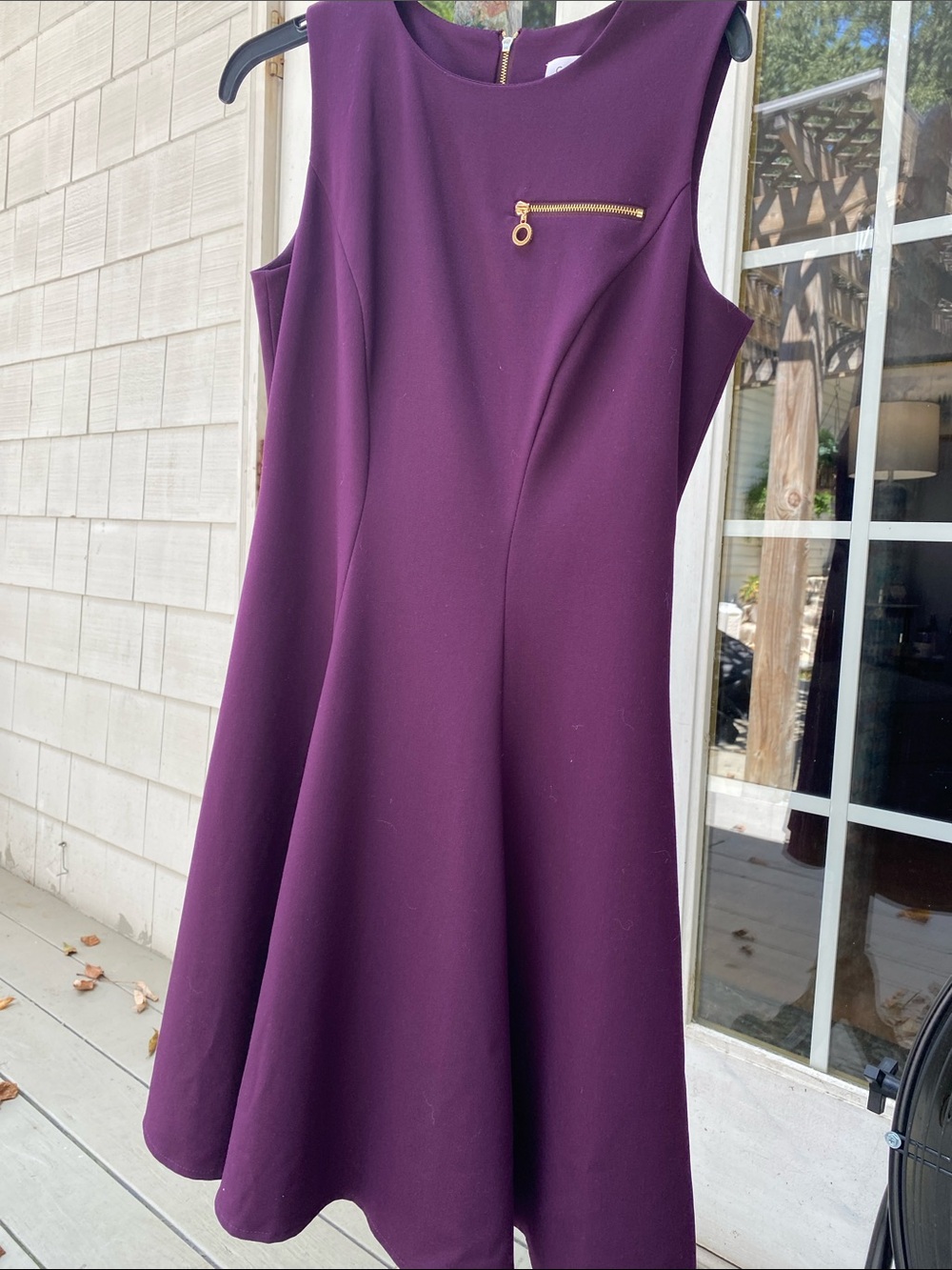 Calvin Klein Plum Sleeveless Fit-and-Flare Dress with Gold Zip